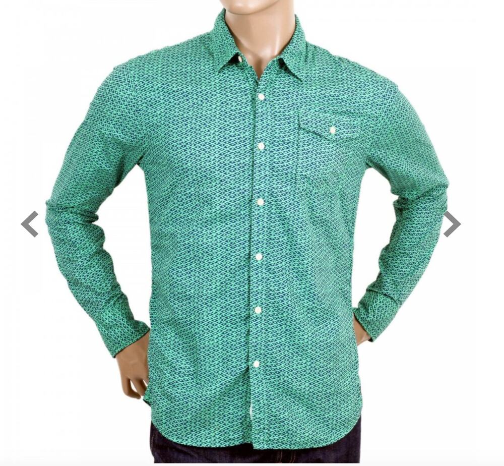 Scotch & Soda Green Navy Top Cotton Geometric Collared Classic Button-Up Large L